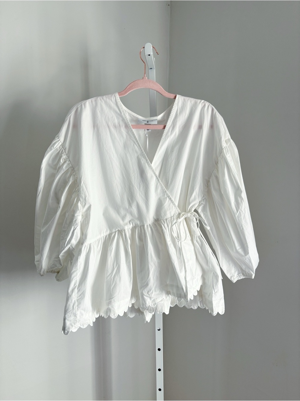 Kika Vargas X Target White Scallop Edge Wrap Top Sz Large Peplum Balloon Sleeve - Picture 2 of 5